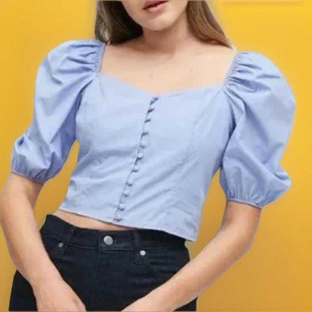 Banana Republic Cropped Puff Sleeve Button Down Blouse Light Blue Women's Sz XS